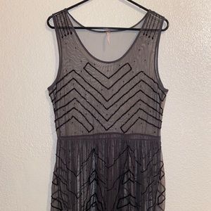 Grey Free People Sheer Beaded Babydoll Dress